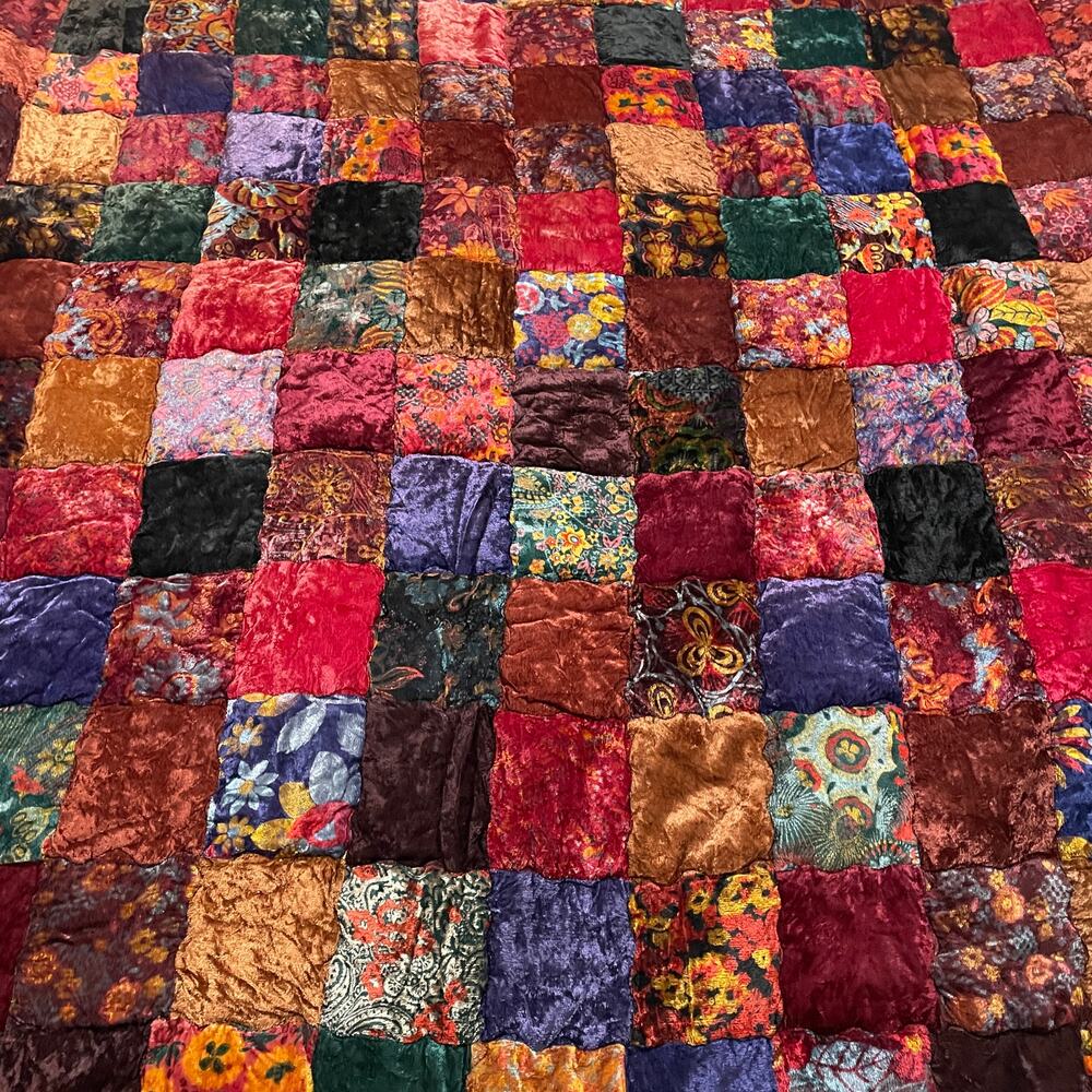 Vintage Velvet Patchwork Quilt Queen 100"x94" Boho Victorian Comforter Blanket